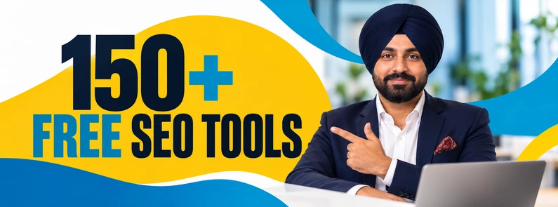 Navdeep Singh stands in a professional BluCactus India composition representing a practical guide to free SEO tools for website research and optimisation.