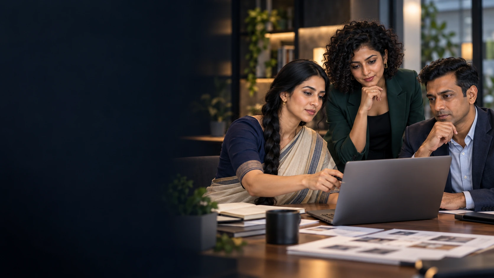 Ishita Sen, Kavya Rao and Karthik Raman reviewing an SEO strategy together