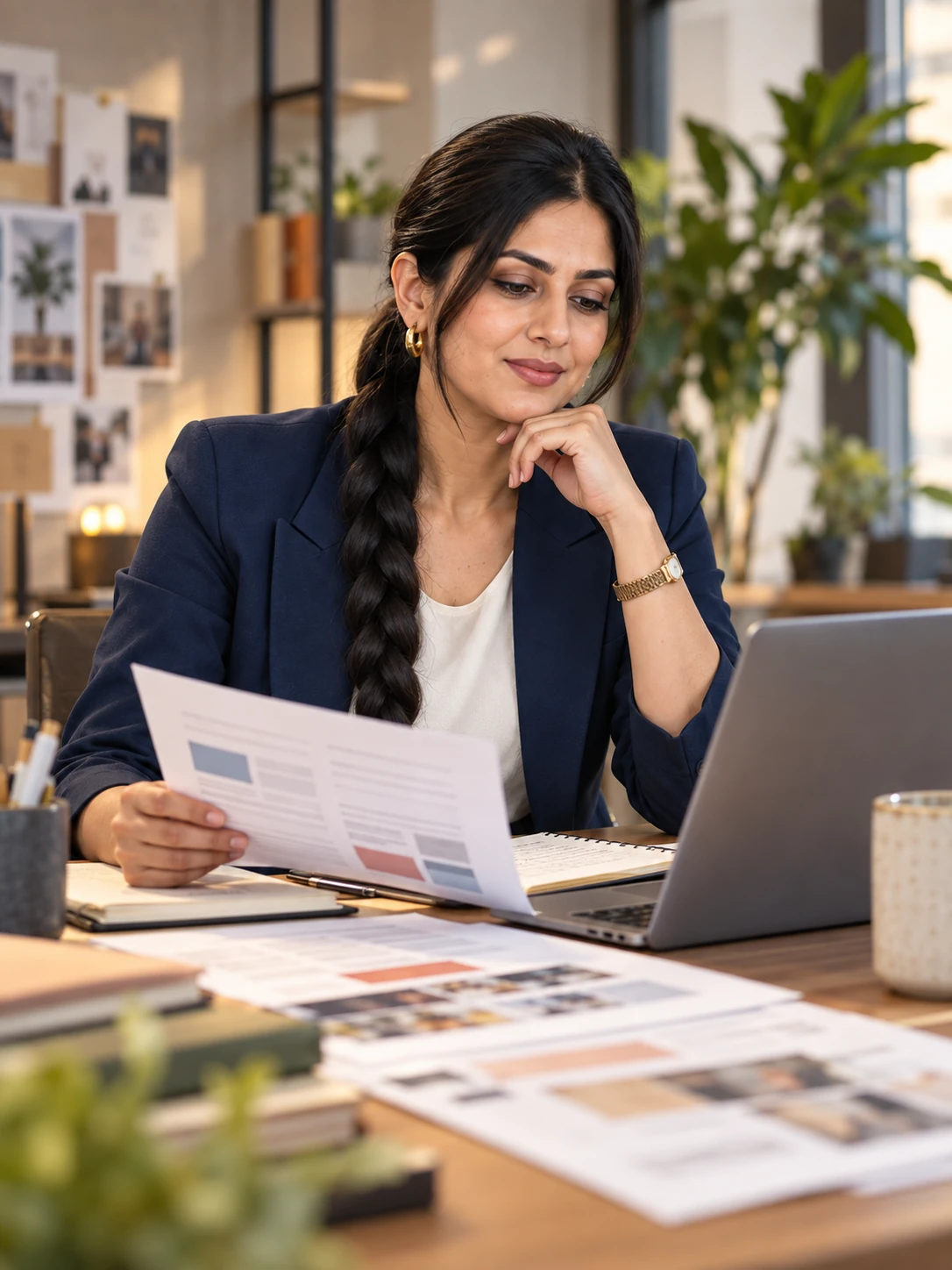 Ishita Sen reviewing website content and SEO priorities at a strategy desk