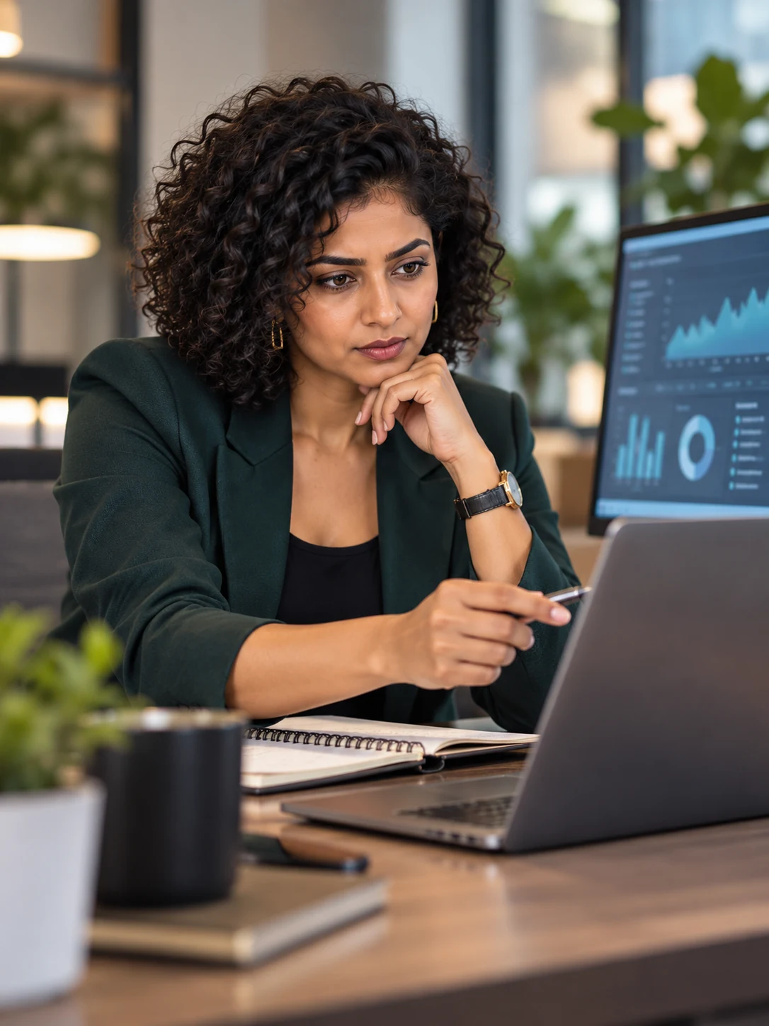 Kavya Rao reviews website audit information on a screen while working through SEO performance issues and diagnostic findings.