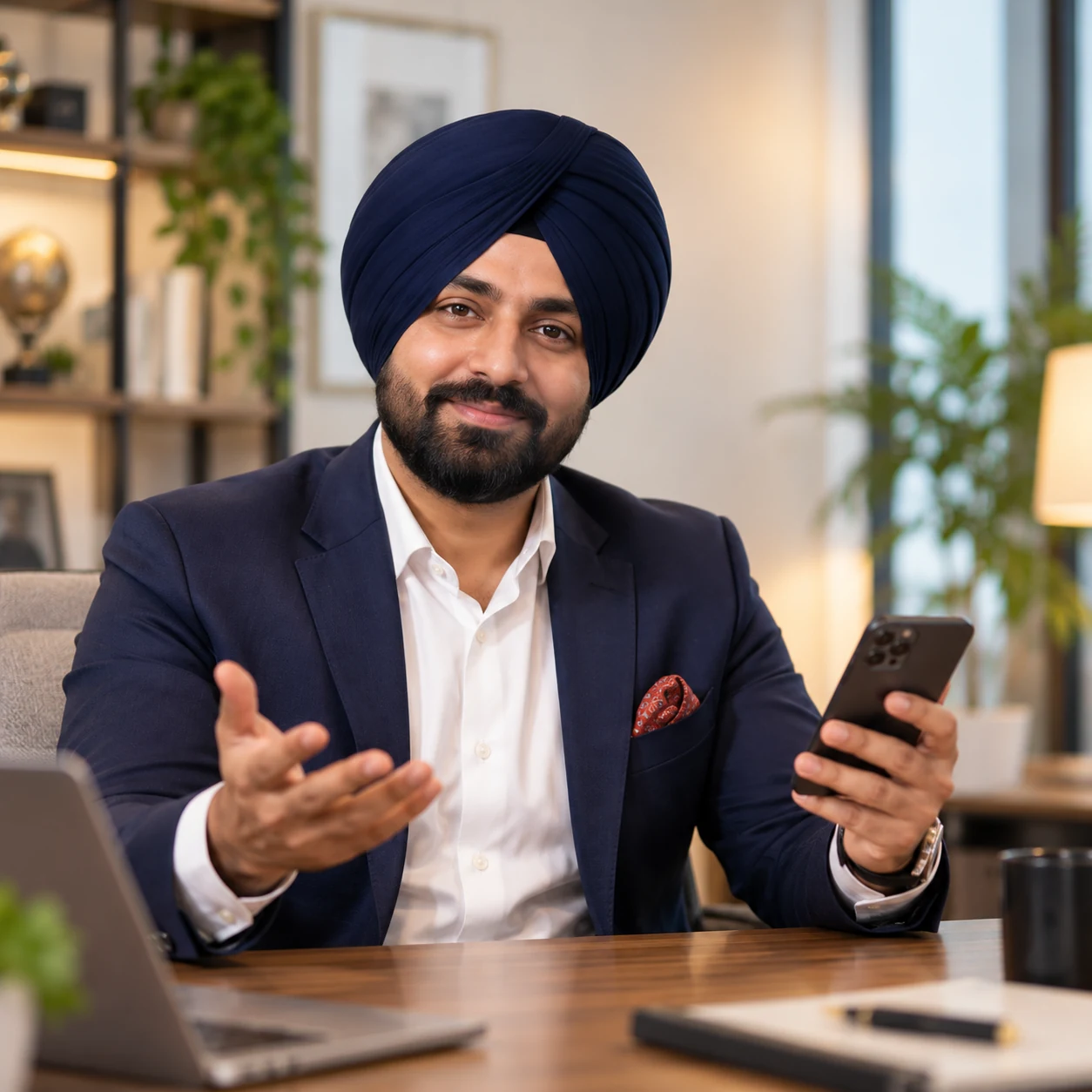 Navdeep Singh holds a smartphone in a professional office setting, ready to discuss a company's SEO questions and next steps.