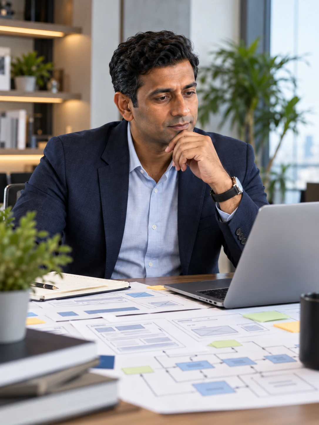 Karthik Raman reviews a technical website system at his workstation while examining search, crawling, and site-structure information.