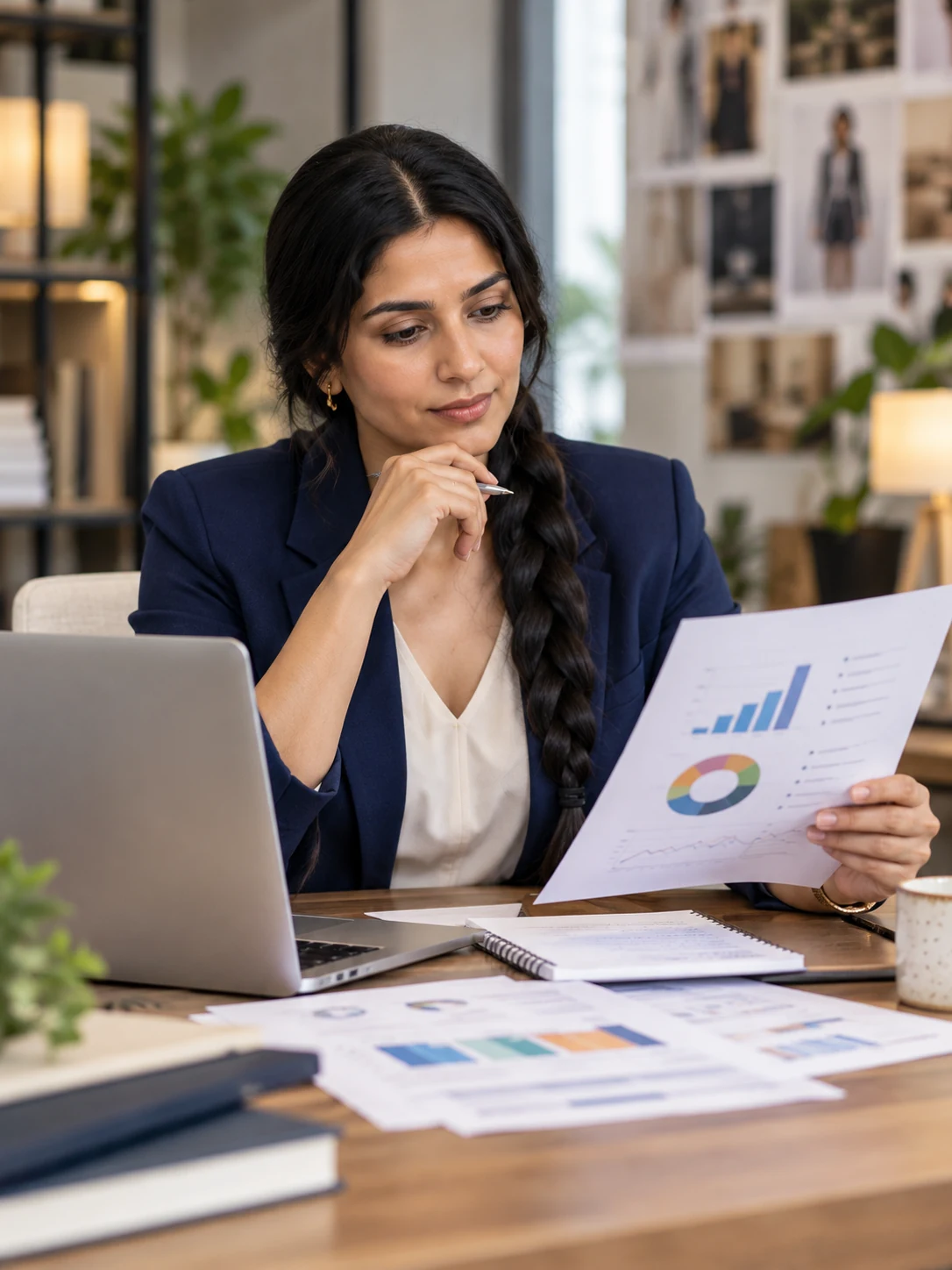 Ishita Sen compares SEO data on a laptop with notes beside her while selecting the right free SEO tool for a website task.