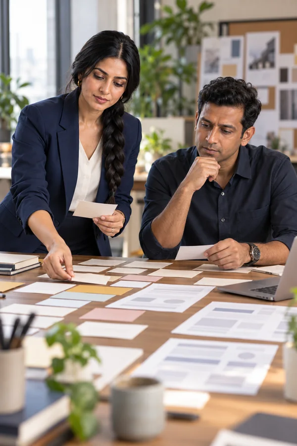 Ishita Sen and Karthik Raman organising real customer questions into clear FAQ topics for a website.