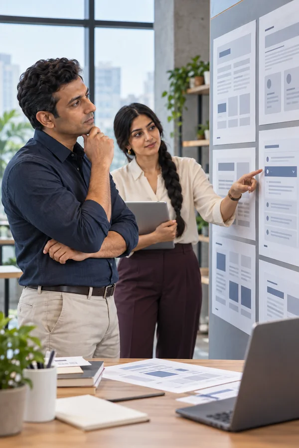Karthik Raman and Ishita Sen reviewing FAQ page layouts and accordion structures for usability and clear information flow.